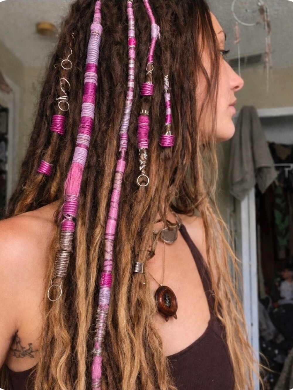 4/$15 Boho Dreadlock Hair Wrap Kit with Gold Accents - Magenta And Lilac